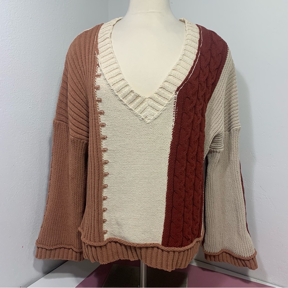 POL Oversized Color Block Cable Knit Sweater wide cropped sleeve Rust Cream